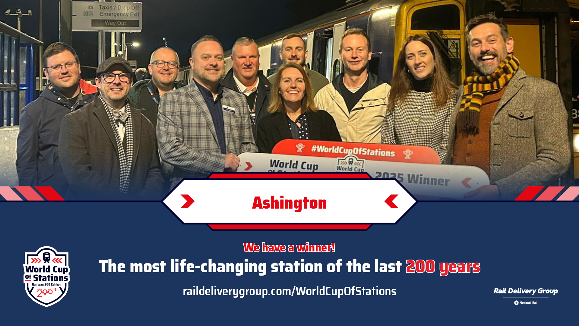 Ashington community members with the World Cup of Stations winner's plaque
